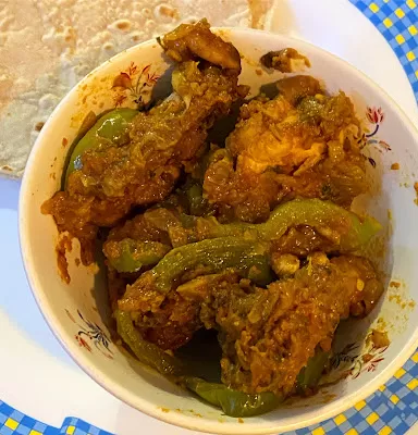Green (not so) hot Simla peppers. Capsicum and Indian food.